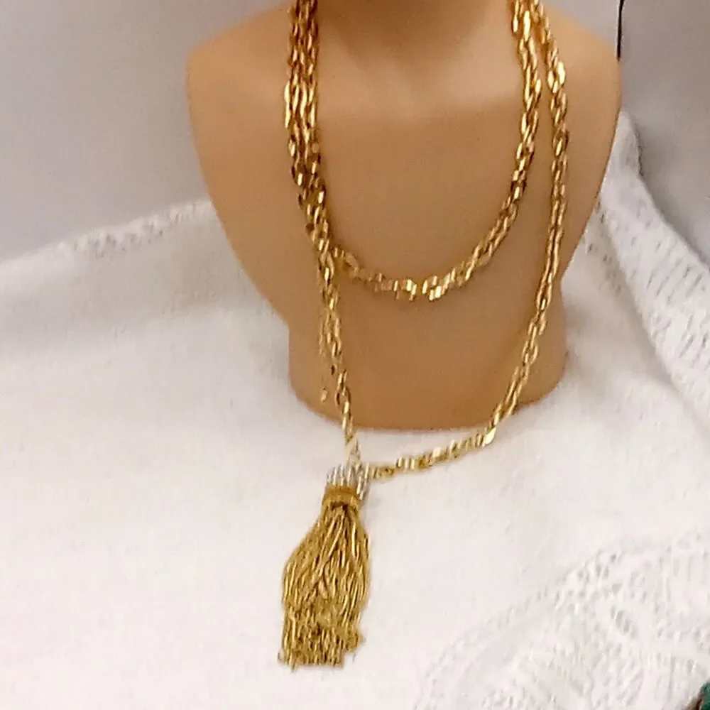 Gold Tone Chain Tassel Necklace Crystal Ball Cap
